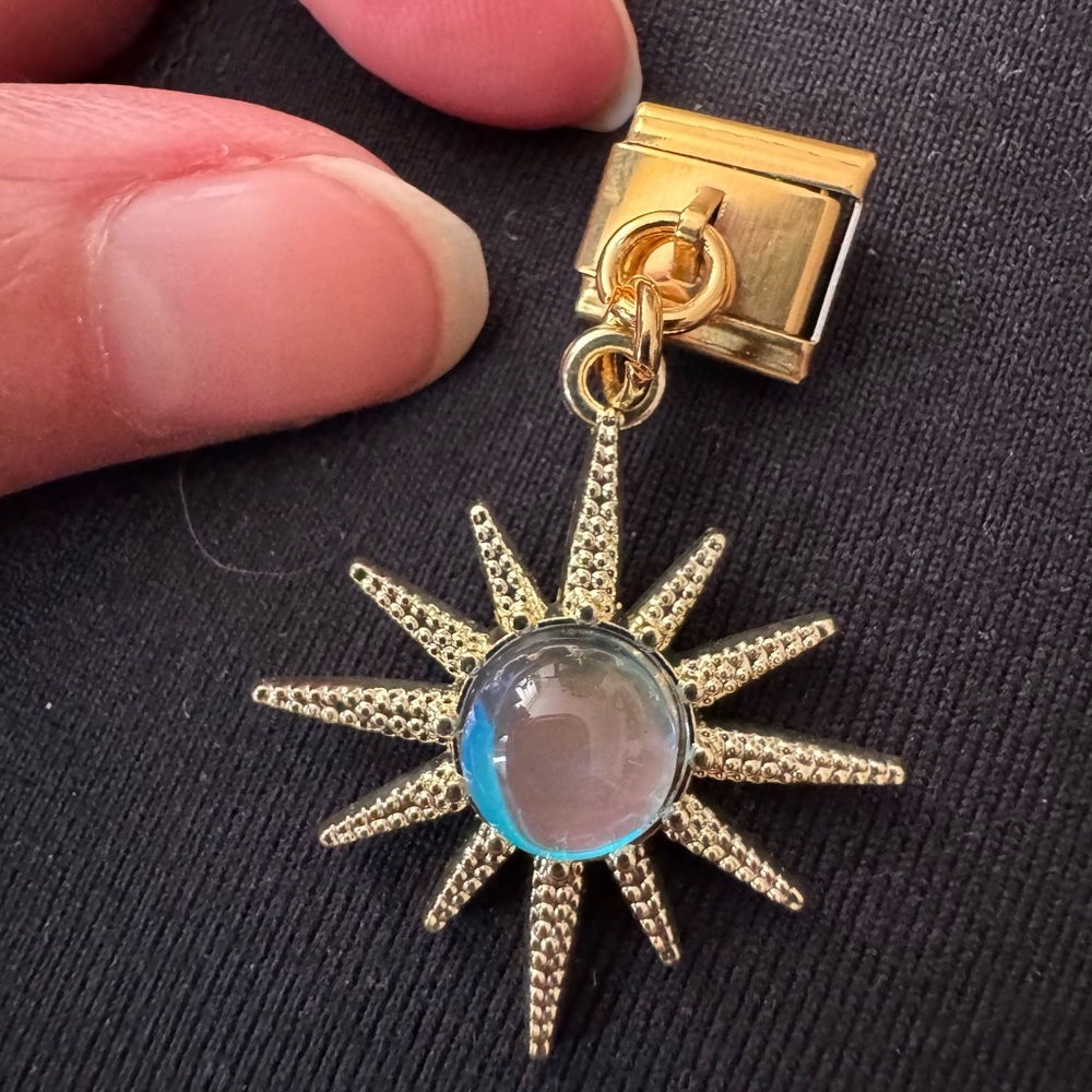 Gold Starburst Star Dangle Italian Charm Link with Blue Glass Center